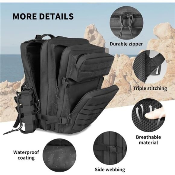 45L Tactical Backpack Molle Military Hiking Camping Bug Out Bag Black Large - Picture 5 of 7